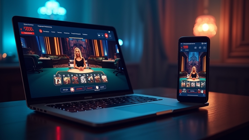 Laptop and phone showing a live casino lobby with a dealer stream in a dark room