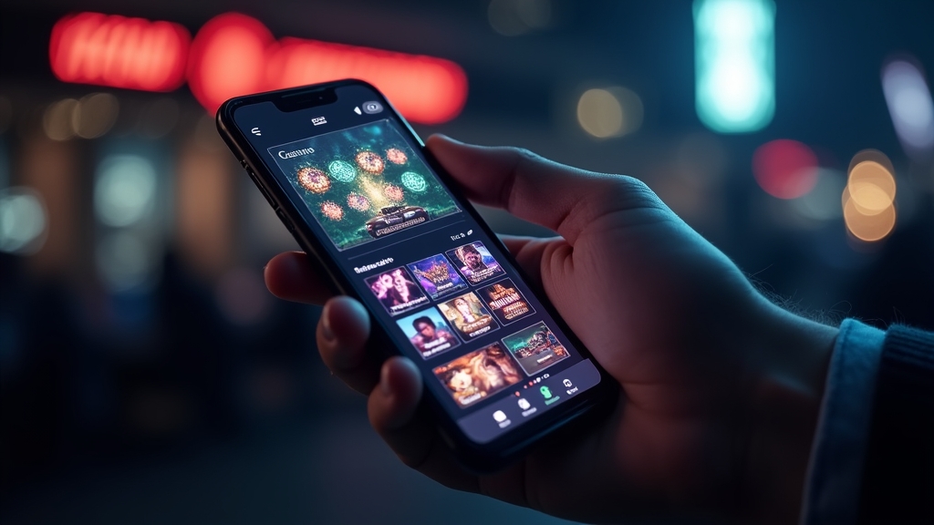 Smartphone showing a mobile casino lobby with slots and live tables