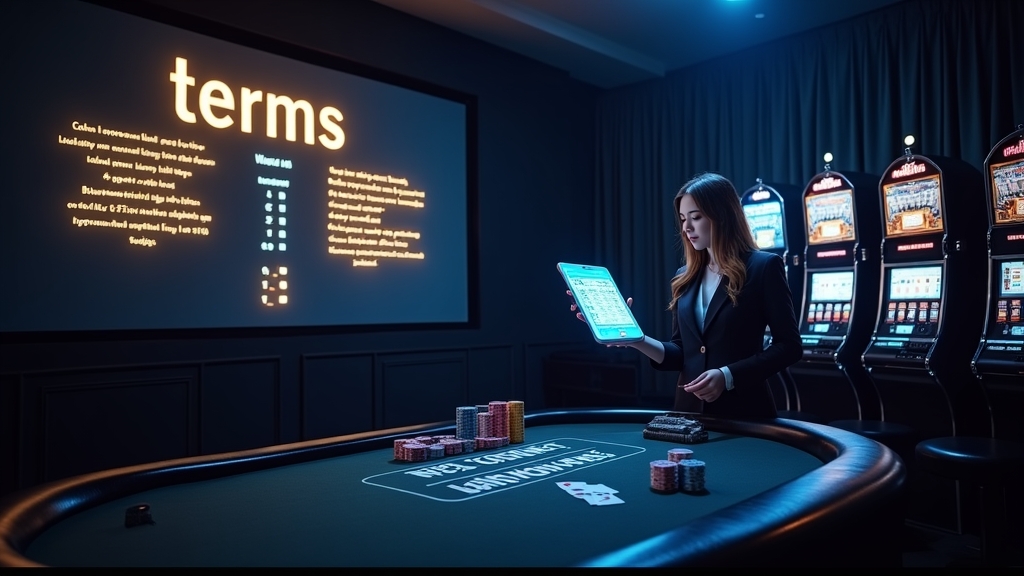 Casino bonus terms displayed beside a player checking wagering rules