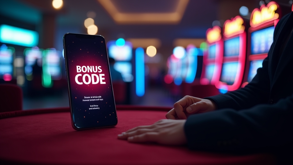 Player checking bonus codes on a phone in a dark casino lobby