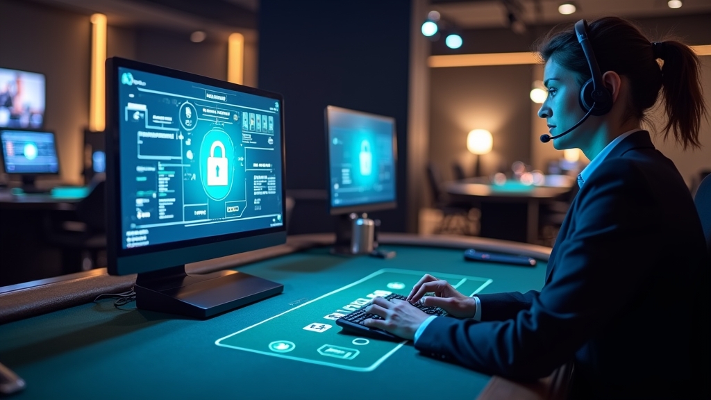 Secure cashier and support screens beside a live dealer table in a dark casino