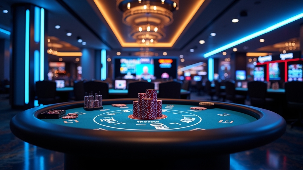 Live dealer table in a dark casino with screens and chips under blue-gold lighting